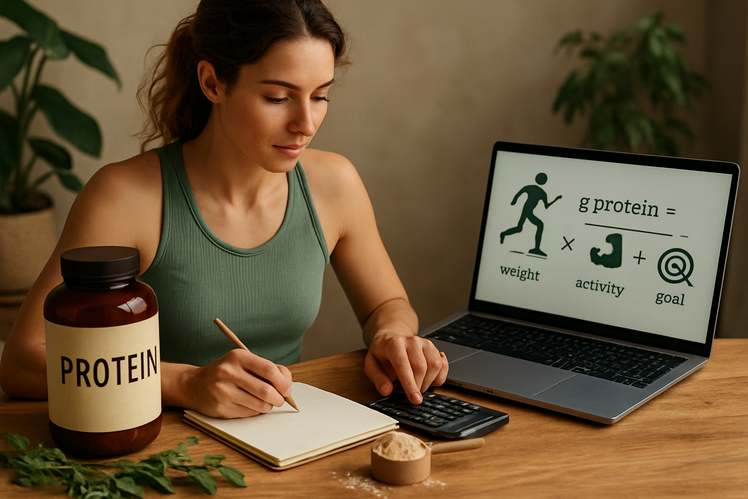 Taschenrechner, Waage und Proteinquellen symbolisieren Proteinbedarfsberechnung