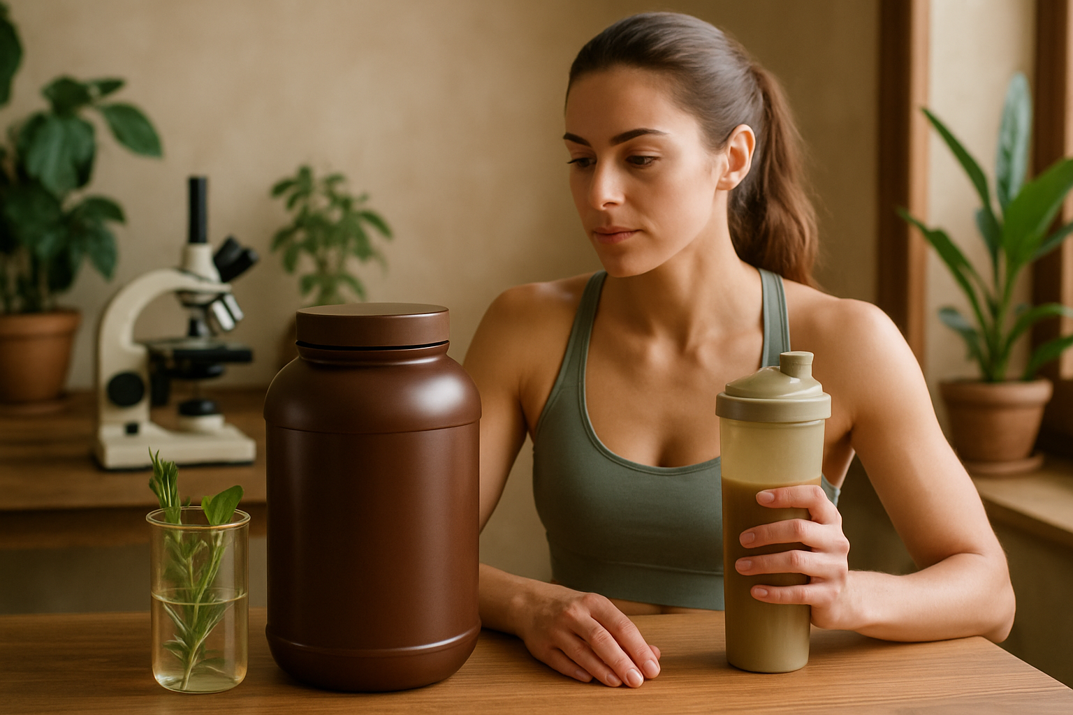 Sportliche Frau mit Protein-Shake nach dem Training im Fitnessstudio