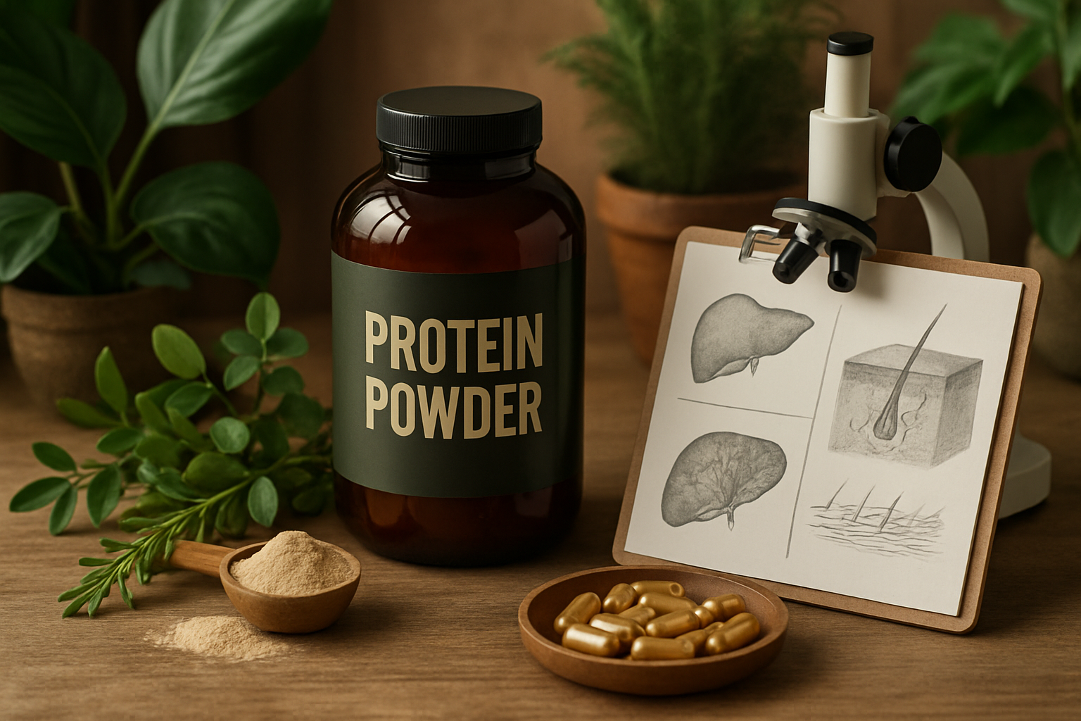 Arzt mit Stethoskop untersucht Proteinpulver-Dose und Laborwerte zur Sicherheitsanalyse