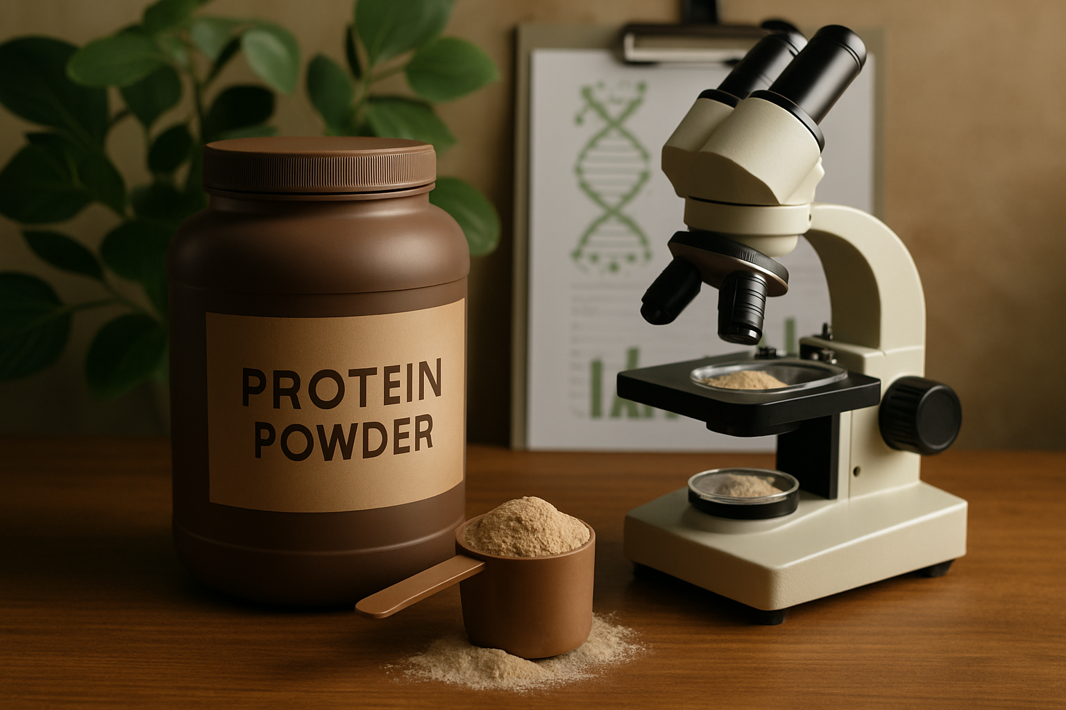 Wissenschaftler prüft Proteinpulver-Qualität im Labor mit Lupe und Analysegeräten