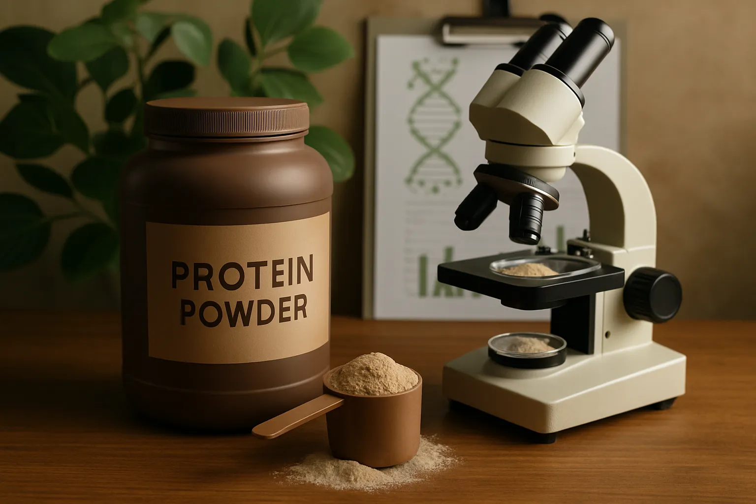 Wissenschaftler prüft Proteinpulver-Qualität im Labor mit Lupe und Analysegeräten